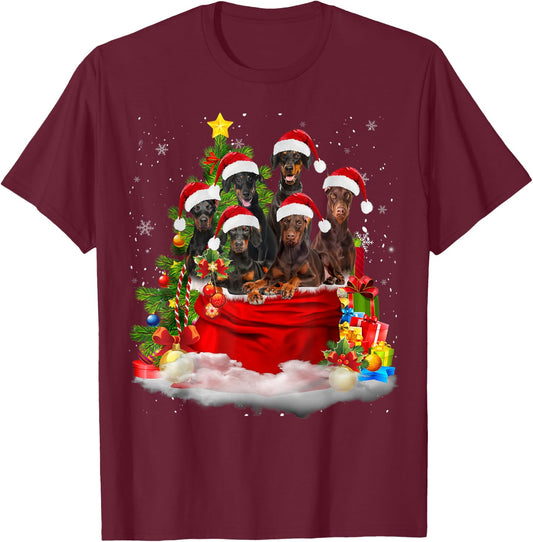 Doberman Pinscher Christmas Santa Claus Bag Christmas Pajama T-Shirt - T-Shirt | Maroon