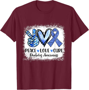 Peace Love Cure Type 1 Diabetes Awareness T1d Blue Ribbon T-Shirt - T-Shirt | Maroon