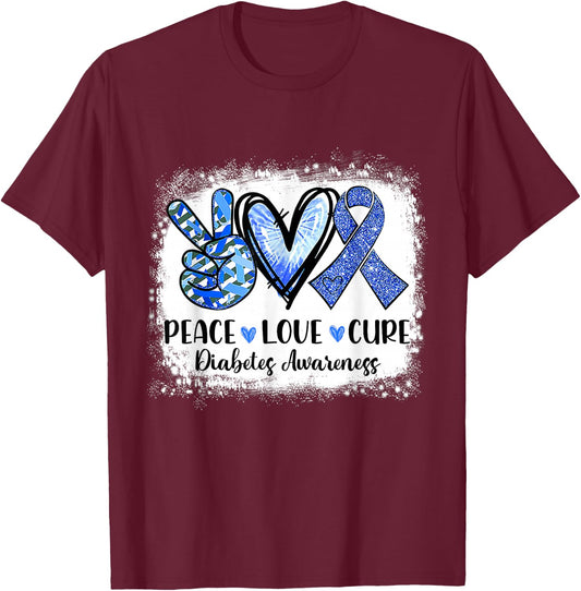 Peace Love Cure Type 1 Diabetes Awareness T1d Blue Ribbon T-Shirt - T-Shirt | Maroon