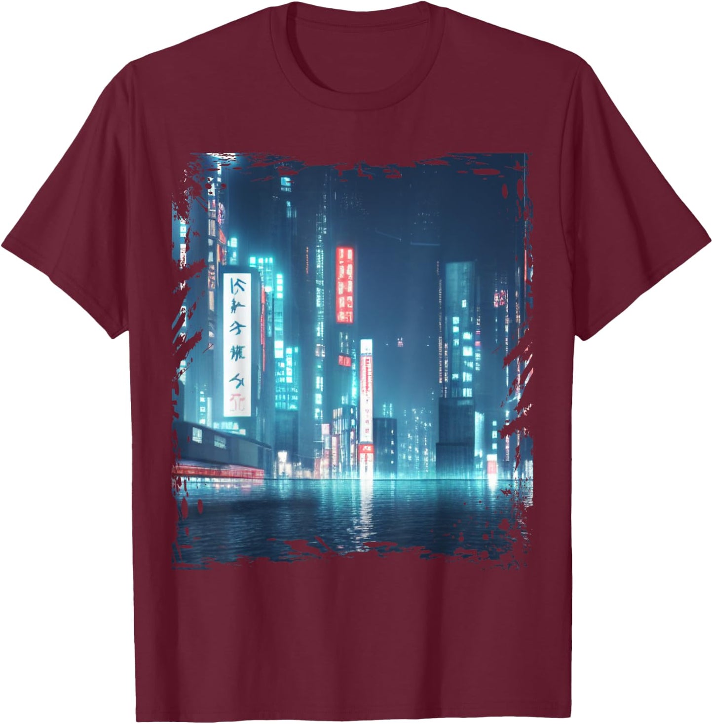 Japanese City Skyline Night Cityscape Sci Fi Tokyo T-Shirt - T-Shirt | Maroon