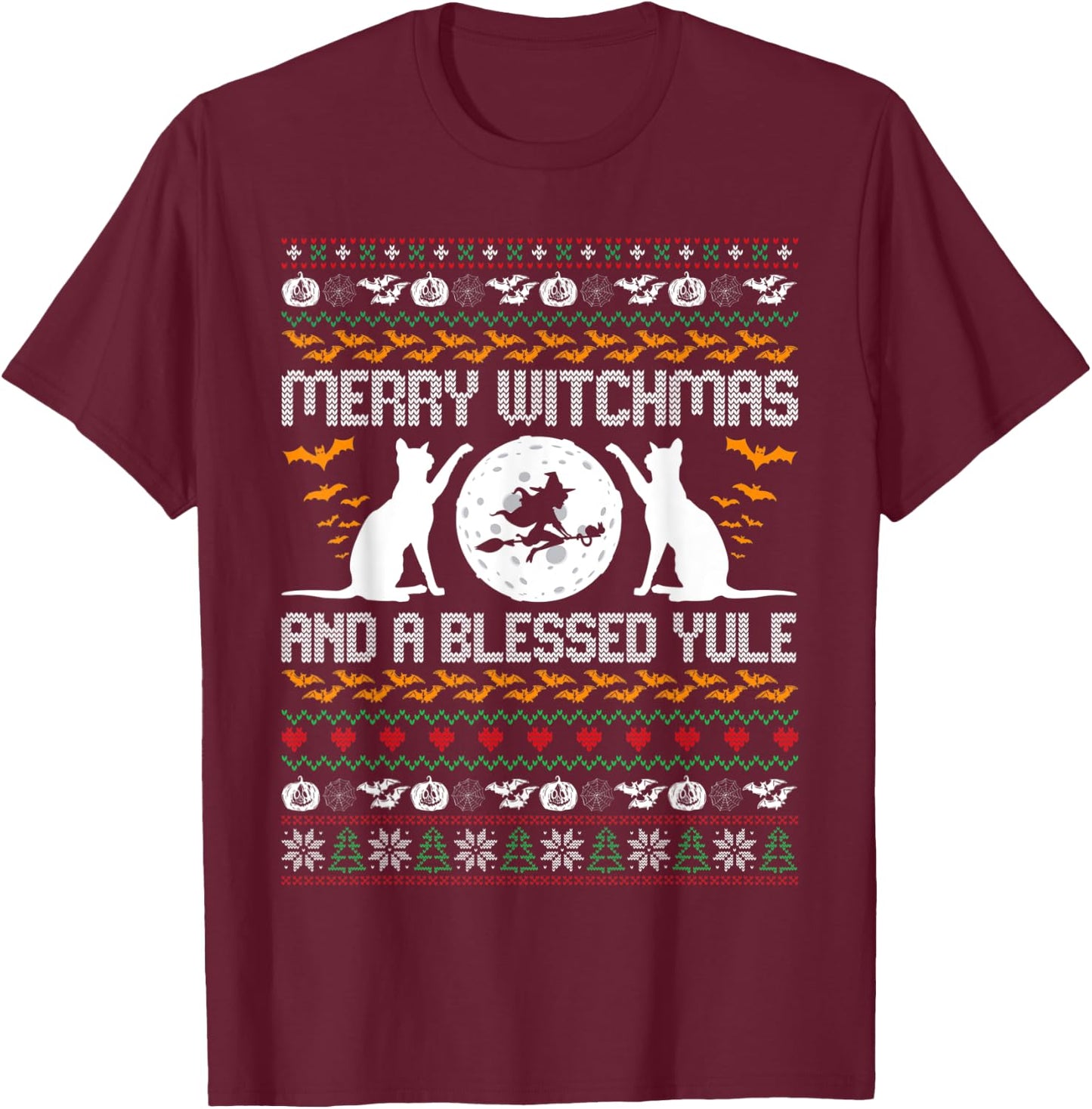 Merry Witchmas Funny Cat Lover Christmas Ugly Xmas Sweater Women T-Shirt - T-Shirt | Maroon
