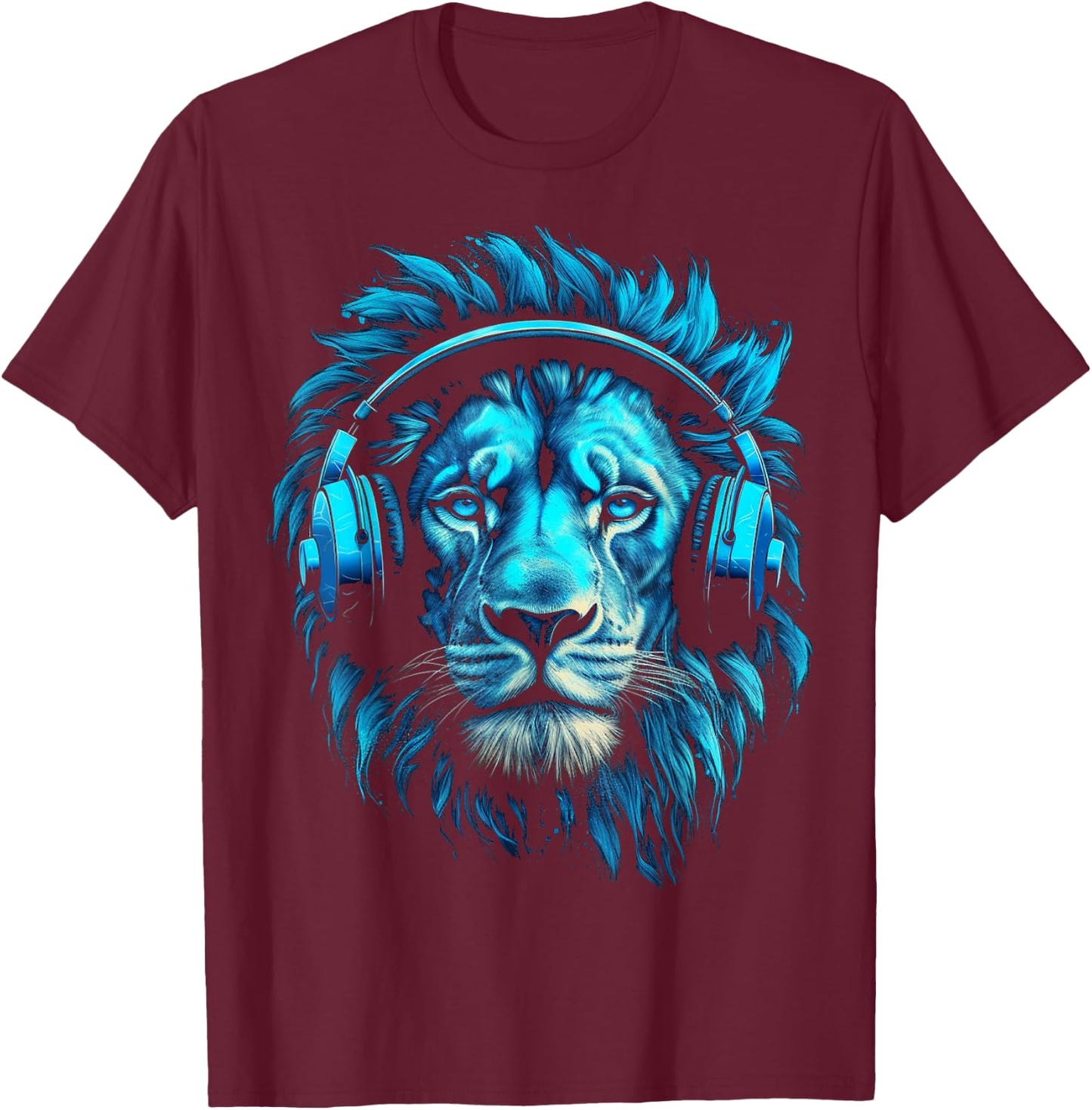 Lion Art Music Animal Headphones Blue Zoo Lion Motif T-Shirt - T-Shirt | Maroon
