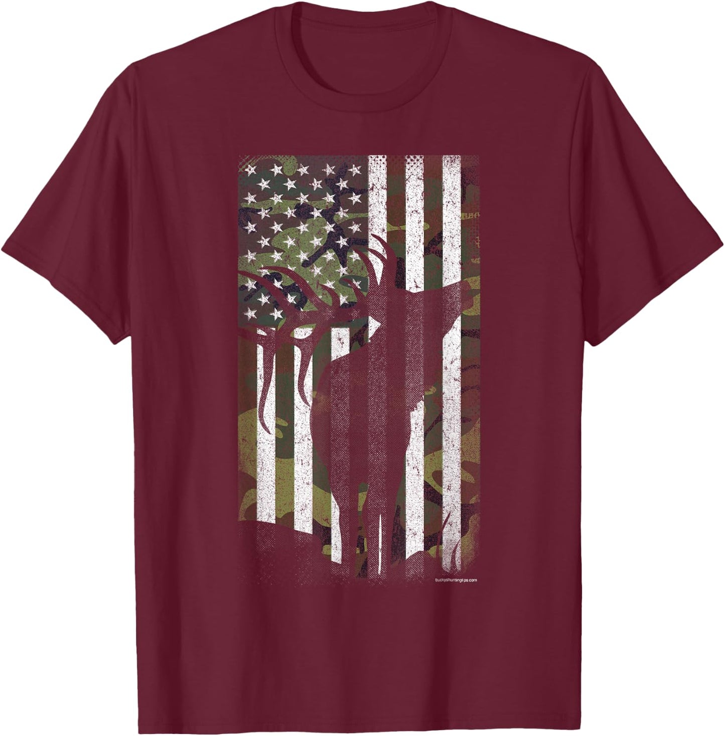 Elk Hunting Bugling Bull Camo US Flag - American Retro T-Shirt - T-Shirt | Maroon