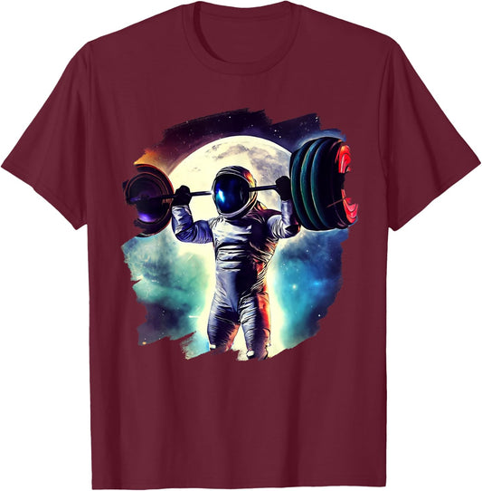 Astronaut Lifting Weights in Outer Space Weightlifting T-Shirt - T-Shirt | Maroon