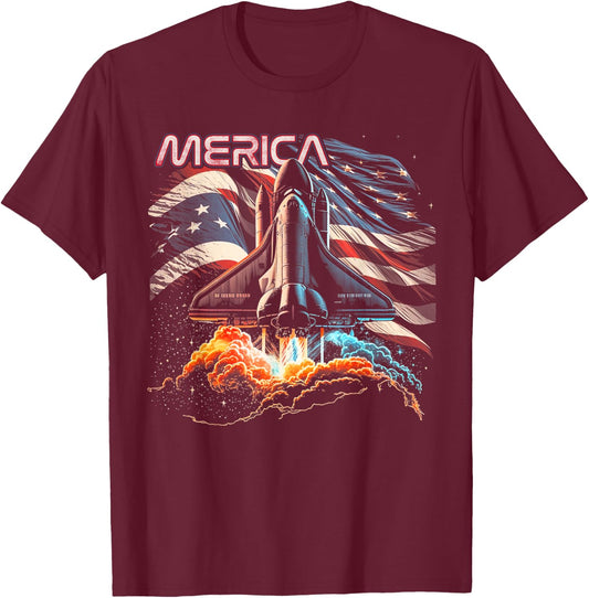 Astronaut Space Rocket Shuttle 4th of July American Flag USA Kids Men T-Shirt - T-Shirt | Maroon