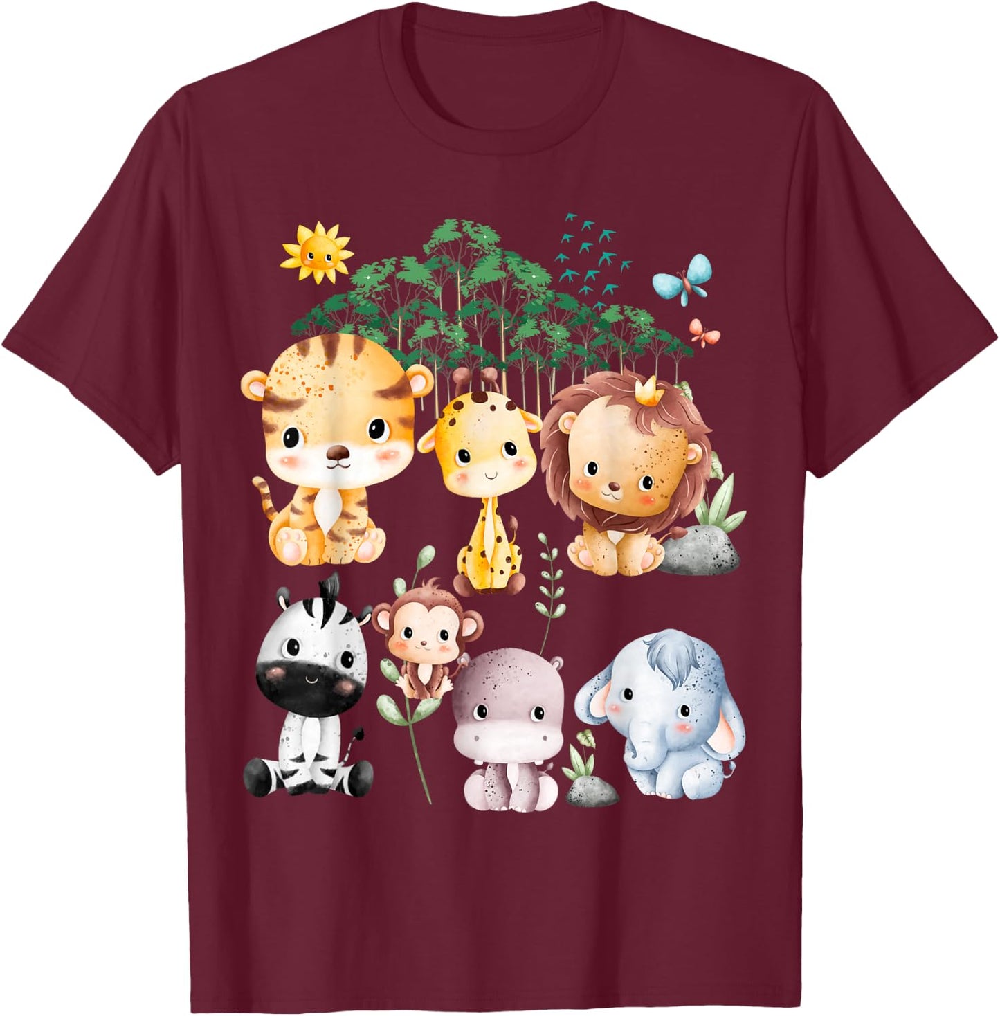 Jungle Animal Wildlife Safari Theme Forest Cute Baby Animals T-Shirt - T-Shirt | Maroon