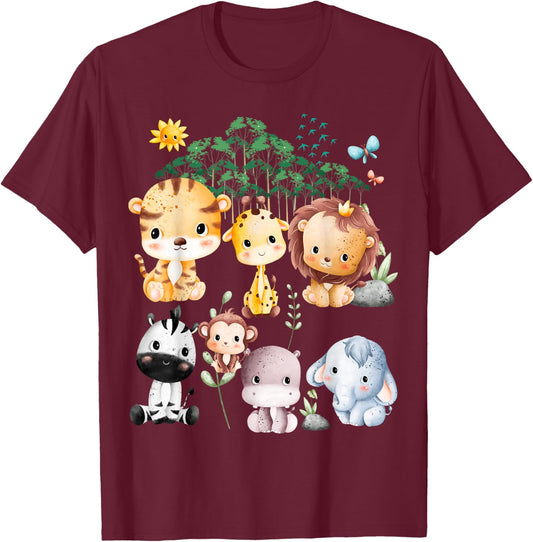 Jungle Animal Wildlife Safari Theme Forest Cute Baby Animals T-Shirt - T-Shirt | Maroon