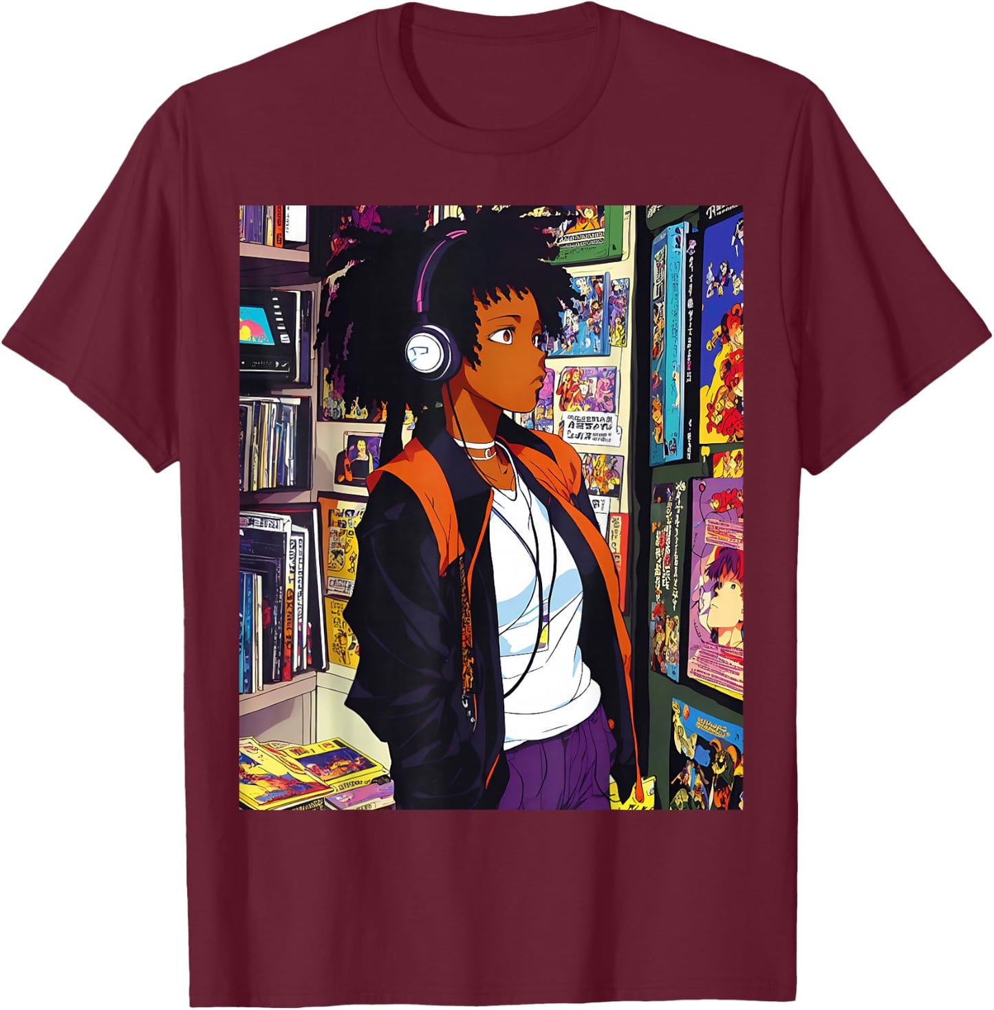 Anime Black Girl Lofi Music 90s Retro Afro Cartoon T-Shirt - T-Shirt | Maroon