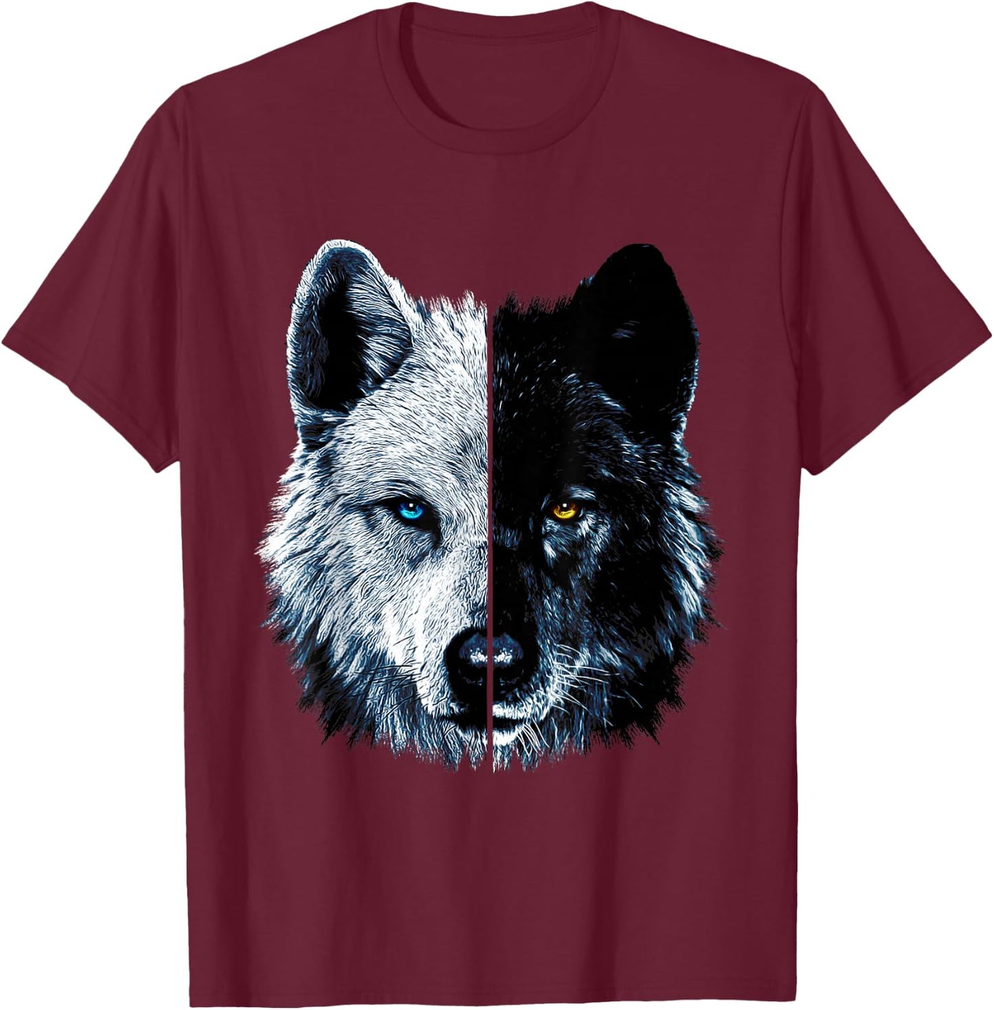 Polar And Black Two Face Wolf Split Face Magical Wolves T-Shirt - T-Shirt | Maroon