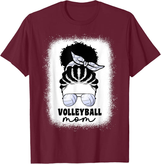Black Afro Volleyball Mom Messy Bun Volleyball Mom T-Shirt - T-Shirt | Maroon