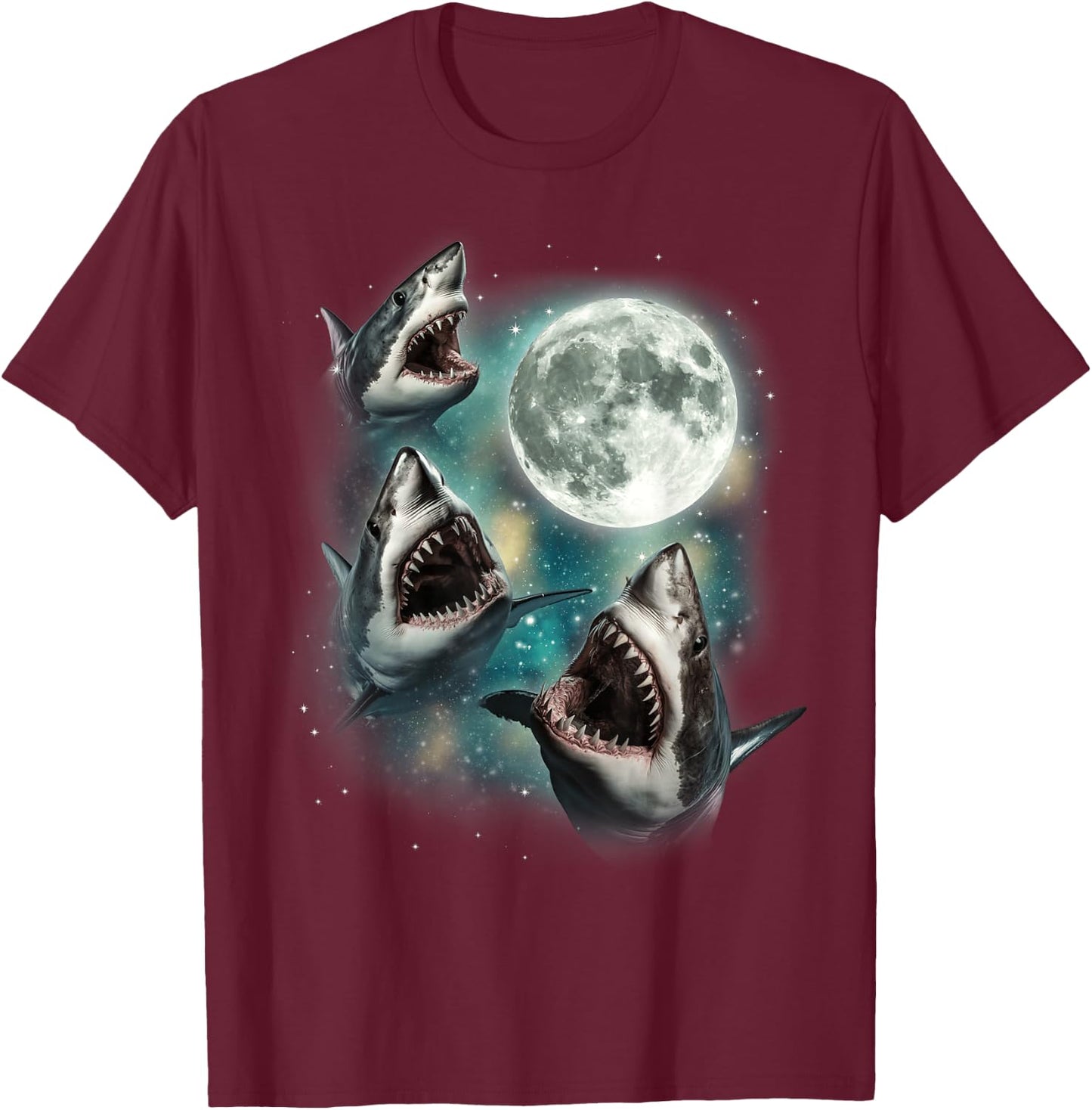 Three Shark Moon | 3 Great Whites Howling Wolfs Moon Parody T-Shirt - T-Shirt | Maroon