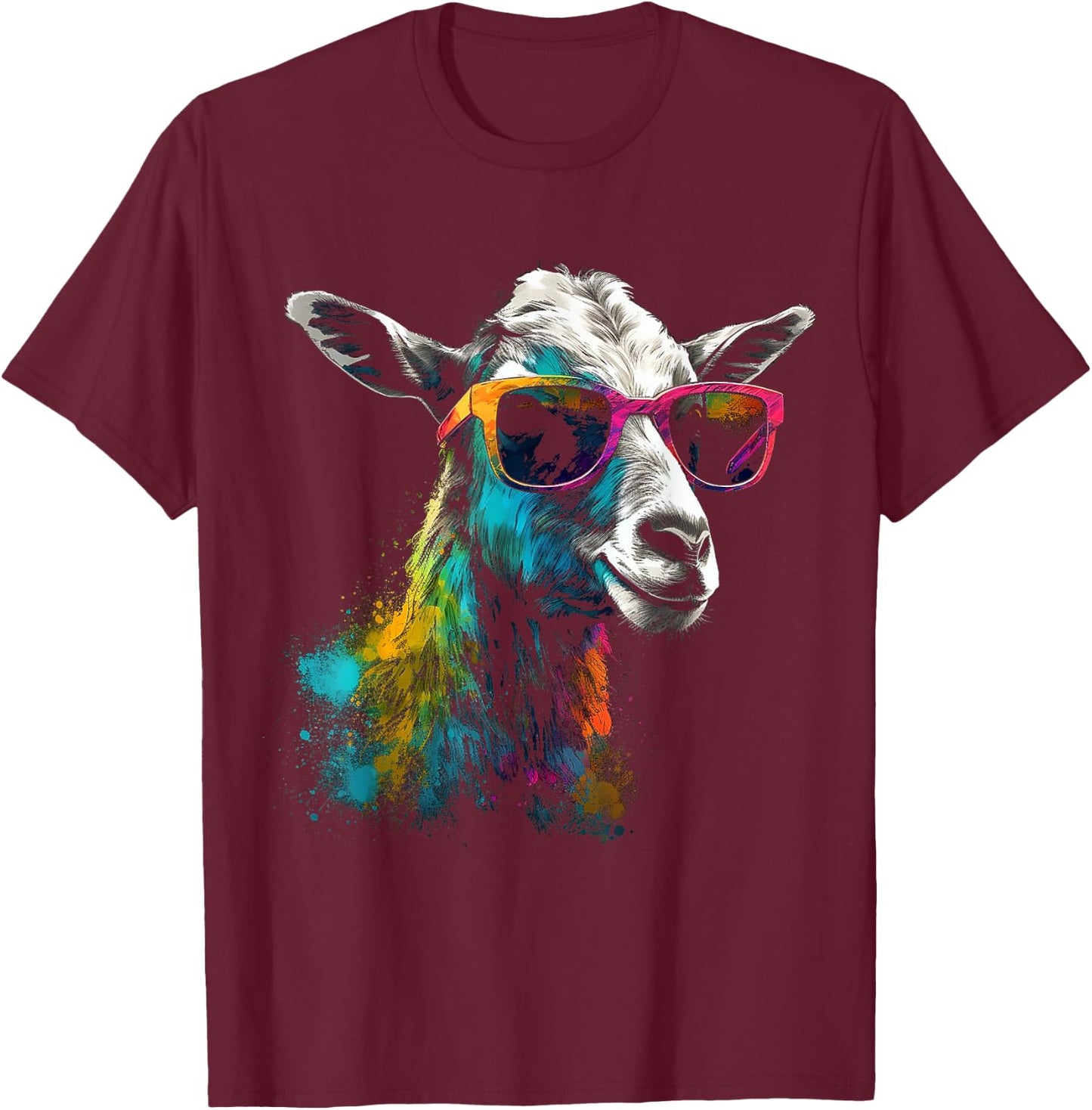 Goat Lover Artwork Sunglasses | Colorful Animal Motif Goat T-Shirt - T-Shirt | Maroon