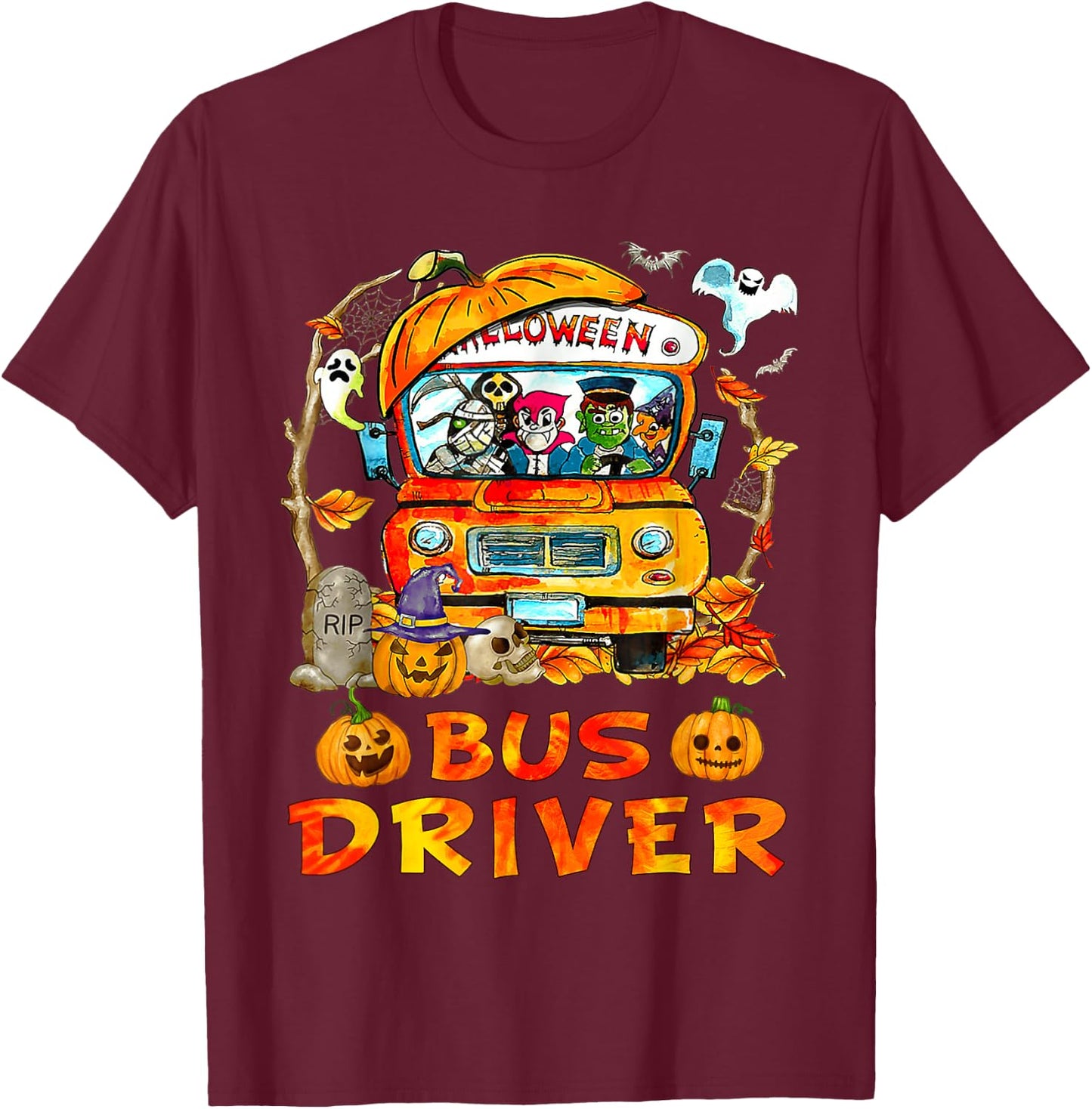 School Bus Driver Pumpkin Season Skeleton Fall Halloween T-Shirt - T-Shirt | Maroon