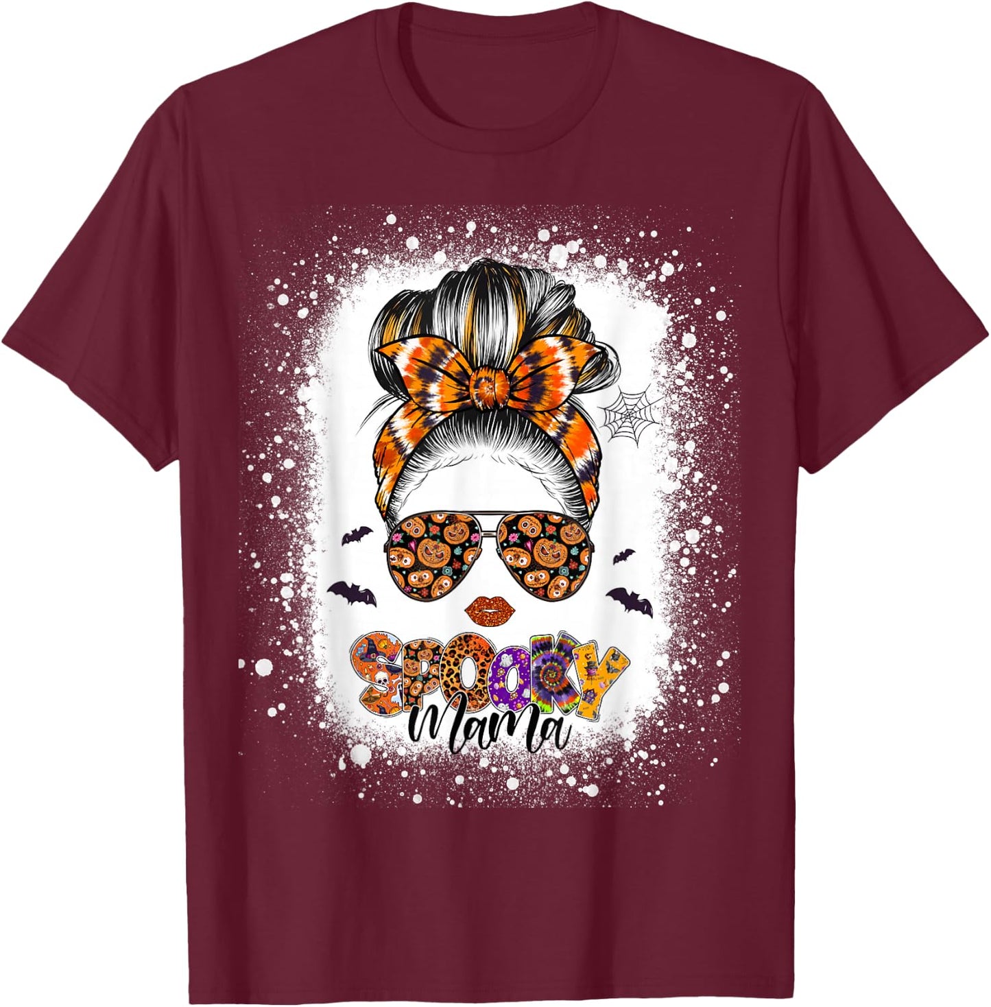 Spooky Mama Halloween Monster Messy Bun Skull Mom Bleached T-Shirt - T-Shirt | Maroon