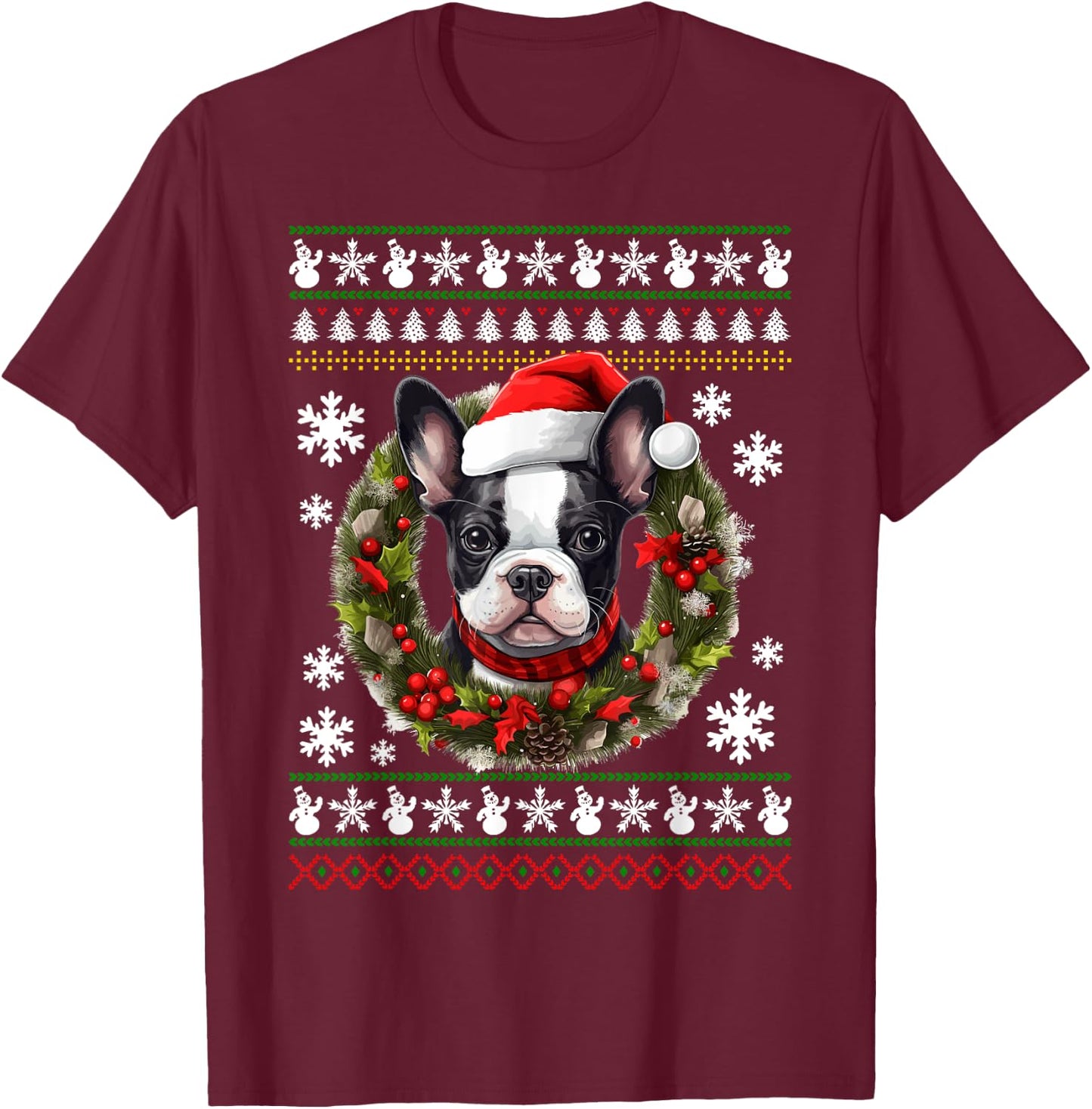 Boston Terrier With Santa Hat Ugly Christmas T-Shirt - T-Shirt | Maroon