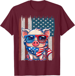 Retro American Flag Pig Dad Mom 4th of July T-Shirt - T-Shirt | Maroon