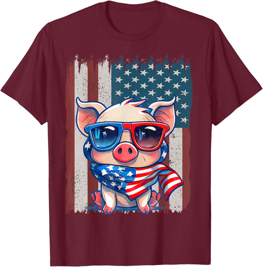 Retro American Flag Pig Dad Mom 4th of July T-Shirt - T-Shirt | Maroon