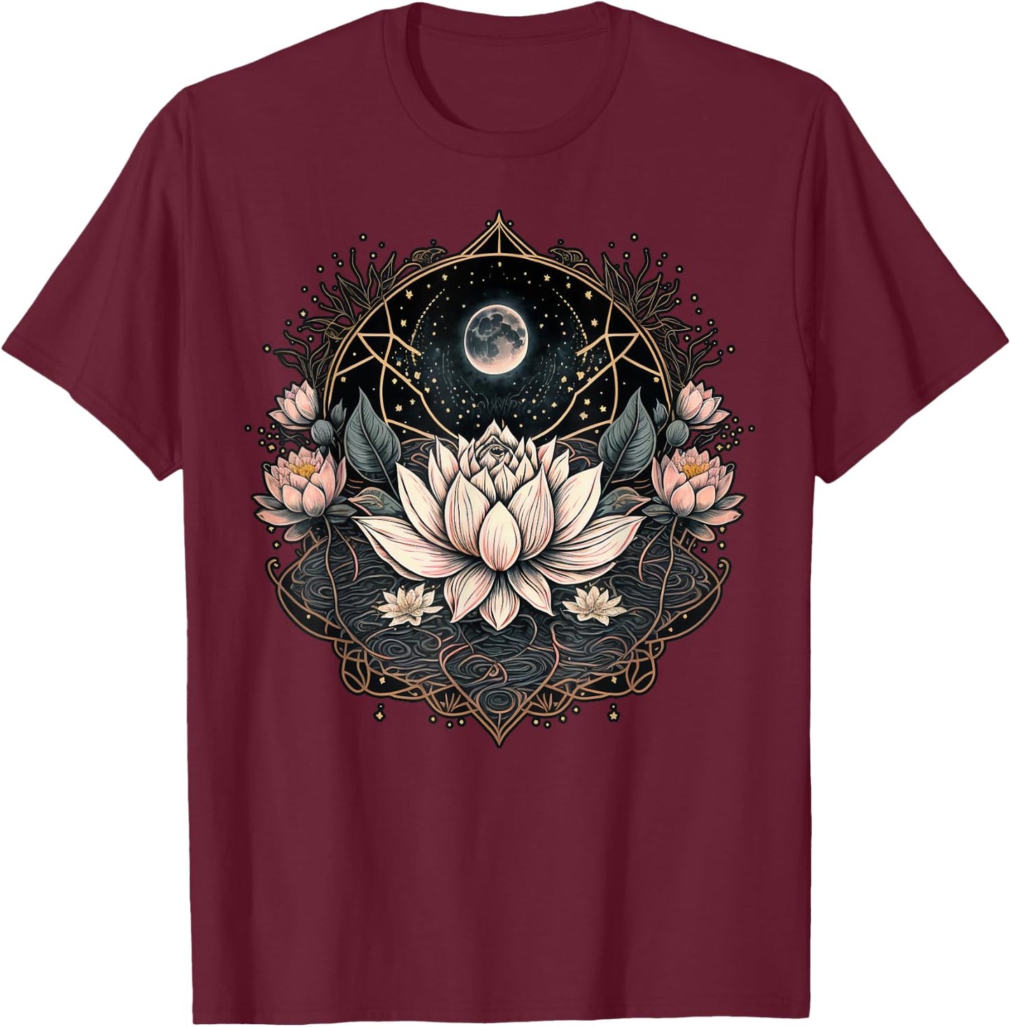 Moon Yoga Meditation Lotus Flower on Celestial Lunar Lotus T-Shirt - T-Shirt | Maroon