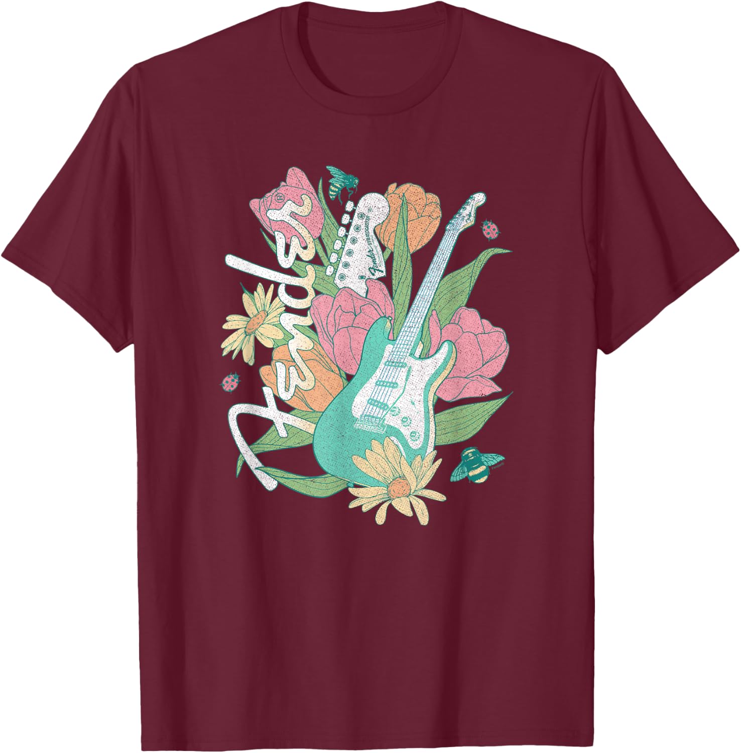 Fender Spring Time Guitar Vintage Bees And Flowers Poster T-Shirt - T-Shirt | Maroon