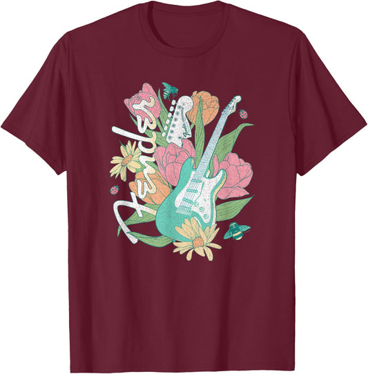 Fender Spring Time Guitar Vintage Bees And Flowers Poster T-Shirt - T-Shirt | Maroon