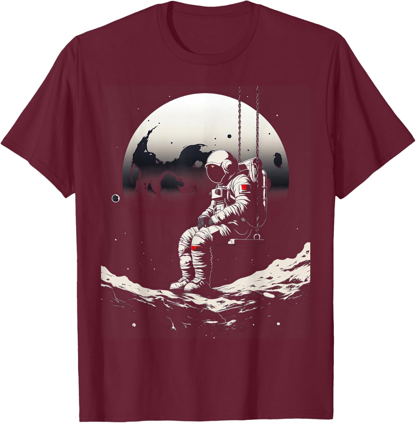 Astronaut Sitting on a Swing in Space Stars Moon T-Shirt - T-Shirt | Maroon