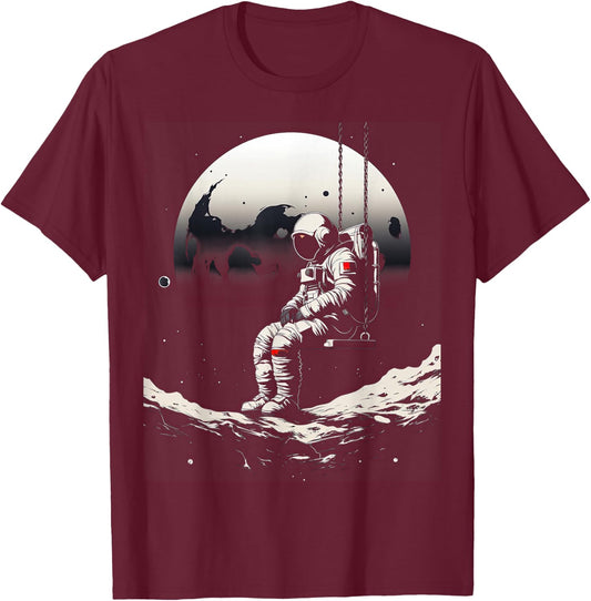 Astronaut Sitting on a Swing in Space Stars Moon T-Shirt - T-Shirt | Maroon