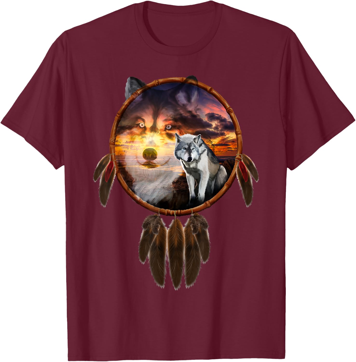 Charm Wolf Dream Catcher T-Shirt - T-Shirt | Maroon