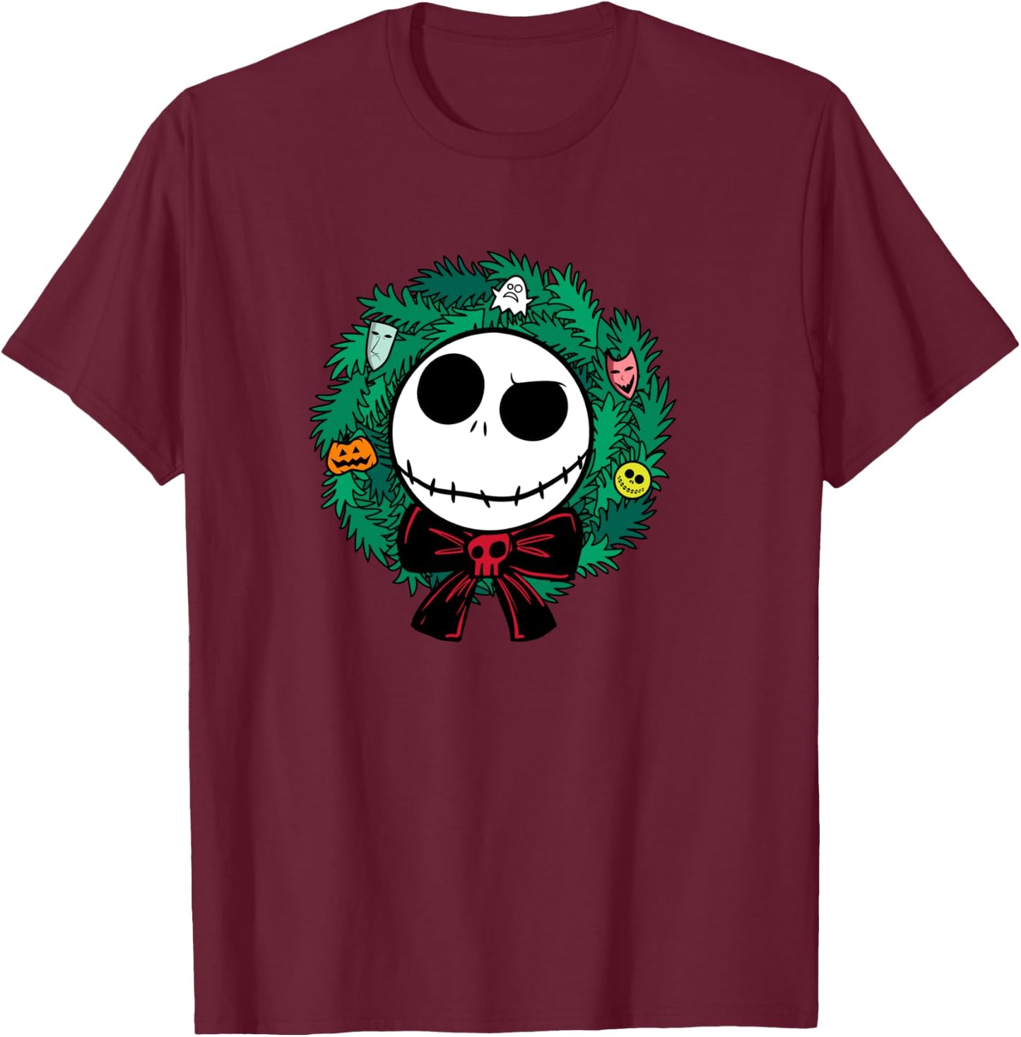 Amazon Essentials Nightmare Before Christmas Jack Festive Holiday Wreath T-Shirt - T-Shirt | Maroon