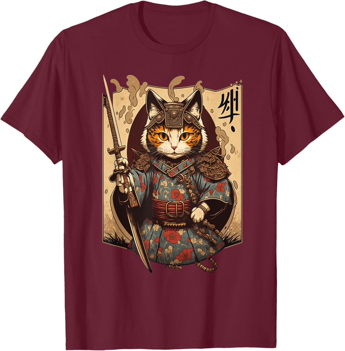 Retro Japanese Samurai Ninja Cat Kawaii Tattoo Graphic Style T-Shirt - T-Shirt | Maroon