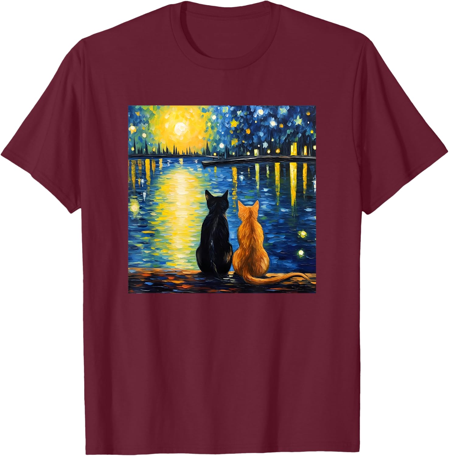 Two Cats Starry Night Lover Cat Art Painting Kitten Van Gogh T-Shirt - T-Shirt | Maroon