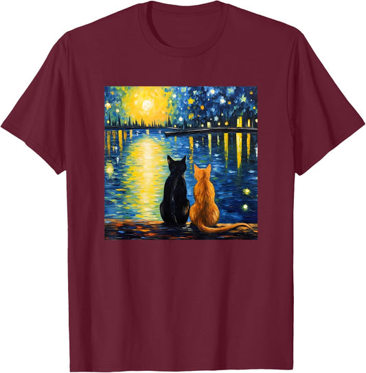 Two Cats Starry Night Lover Cat Art Painting Kitten Van Gogh T-Shirt - T-Shirt | Maroon