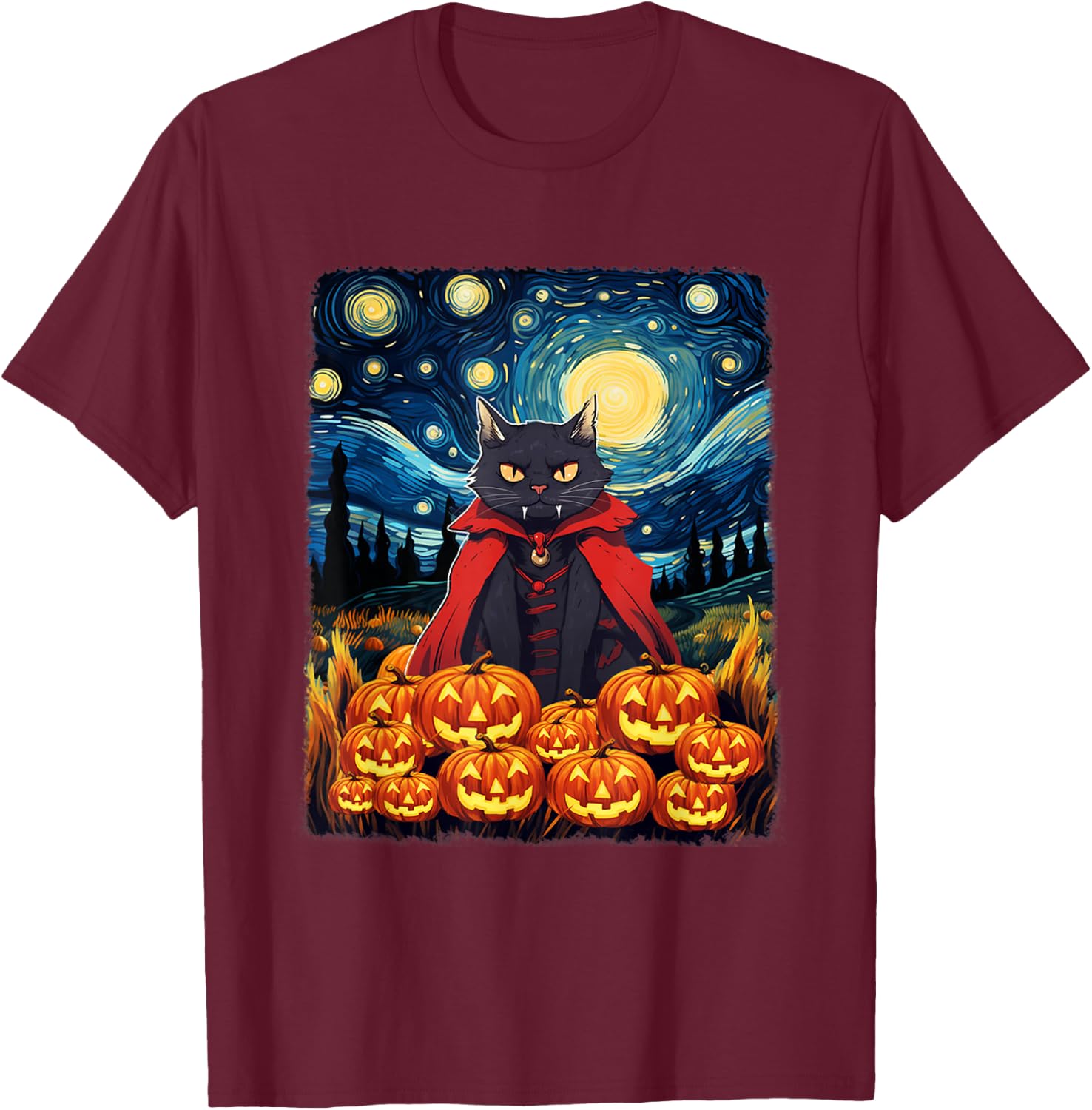 Dracula Cat Starry Night Van Gogh Retro Halloween Cat T-Shirt - T-Shirt | Maroon
