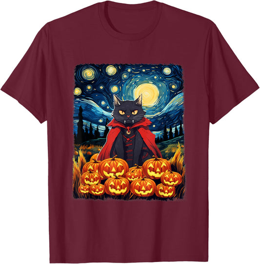 Dracula Cat Starry Night Van Gogh Retro Halloween Cat T-Shirt - T-Shirt | Maroon