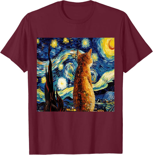 Calico Cat Starry Night Moon And Stars Art Men Women Girls Kids T-Shirt - T-Shirt | Maroon