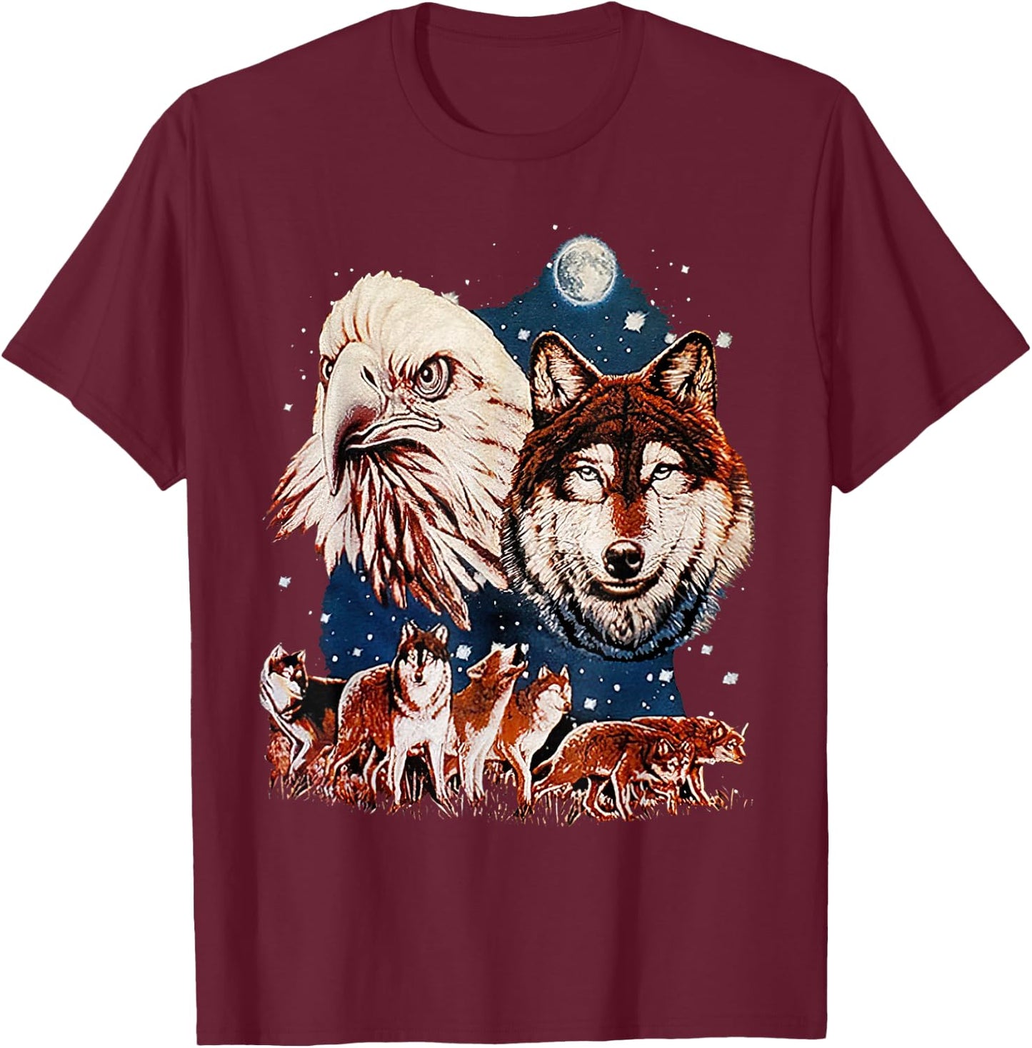 Eagle and Wolf At Moon Vintage Wolf T-Shirt - T-Shirt | Maroon
