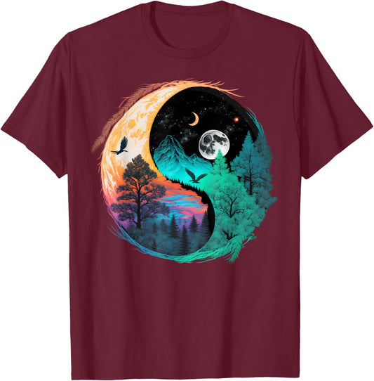 Meditation Taoism Yin Yang Symbol on Nature Taijitu Yin Yang T-Shirt - T-Shirt | Maroon