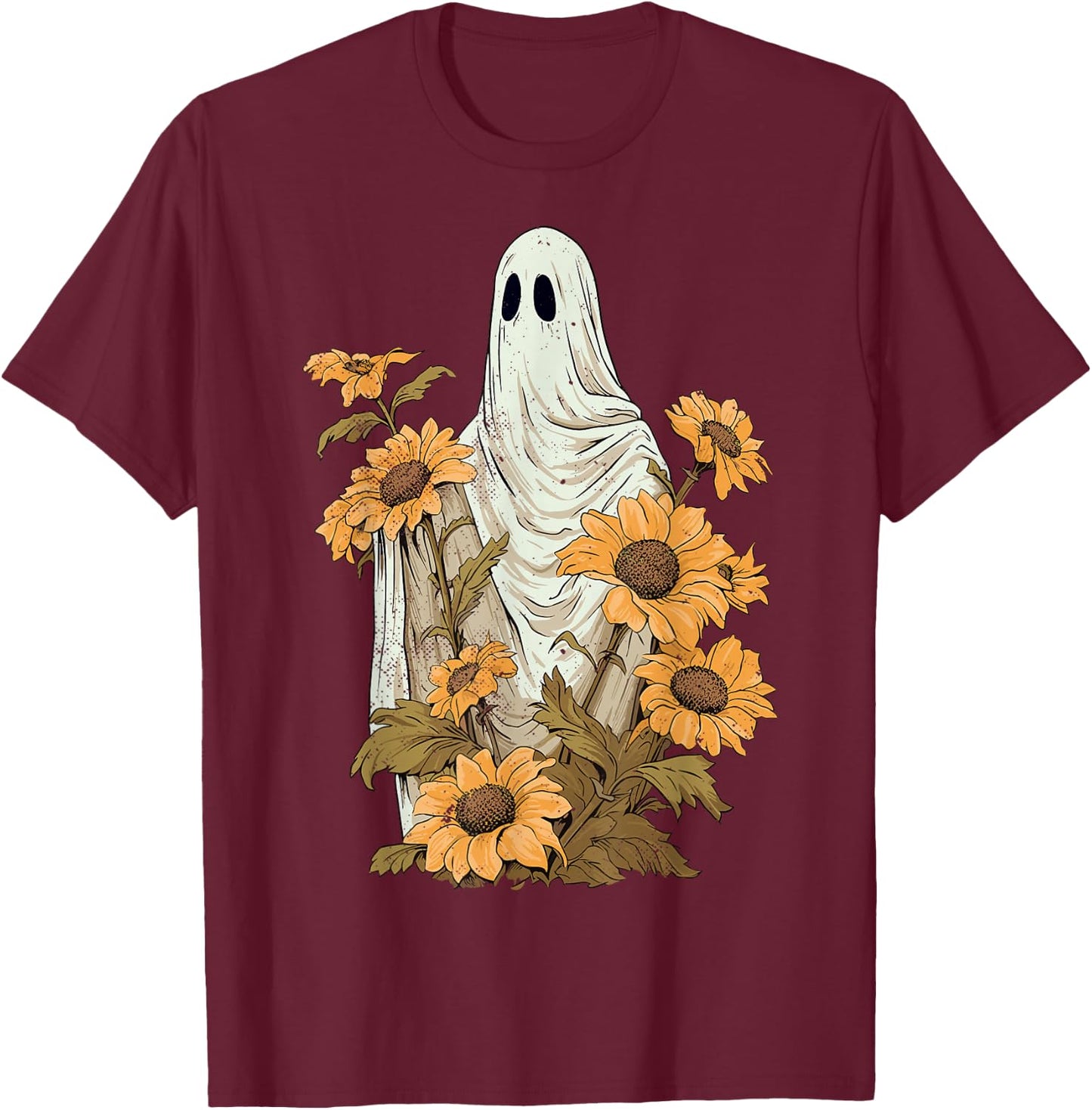 Vintage Floral Ghost Sunflowers Spooky Halloween Graphic T-Shirt - T-Shirt | Maroon