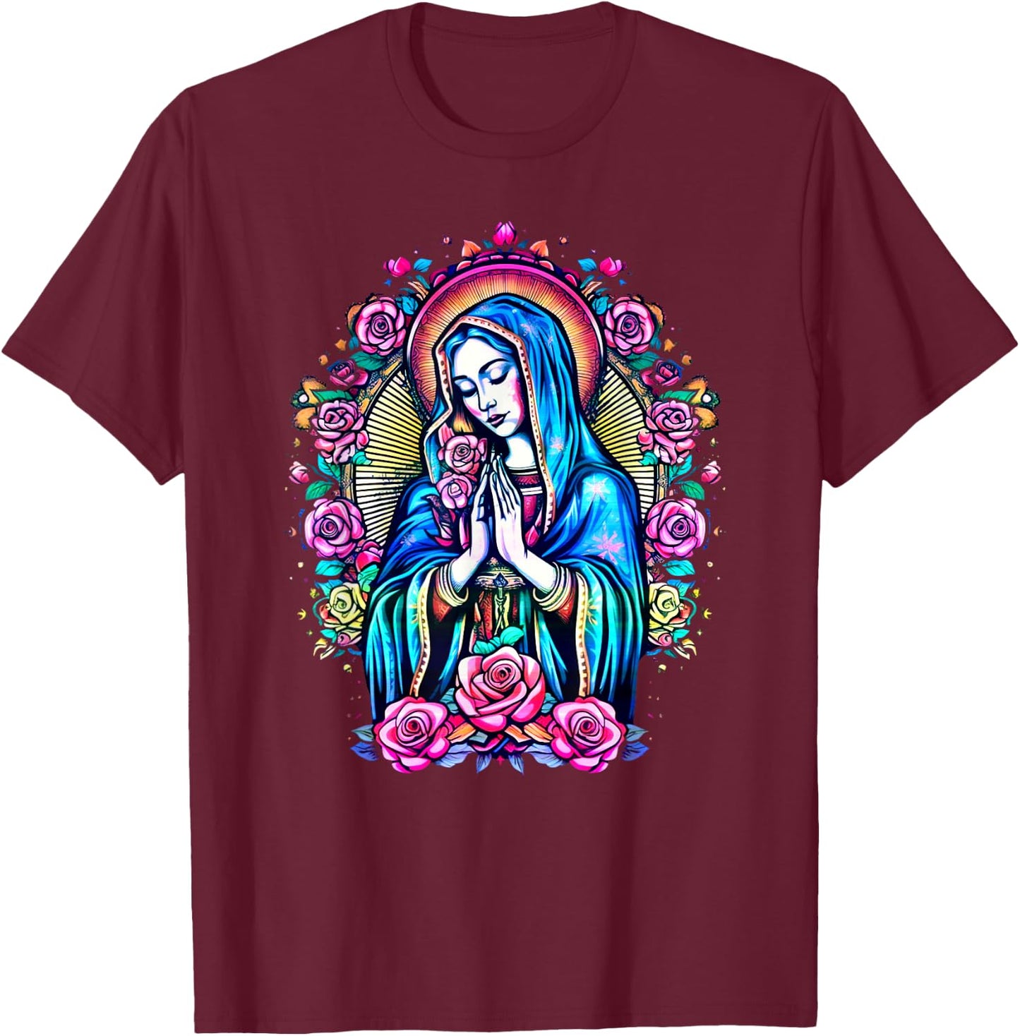 Praying Virgin Mary, roses, Christianity, faith, saint image T-Shirt - T-Shirt | Maroon