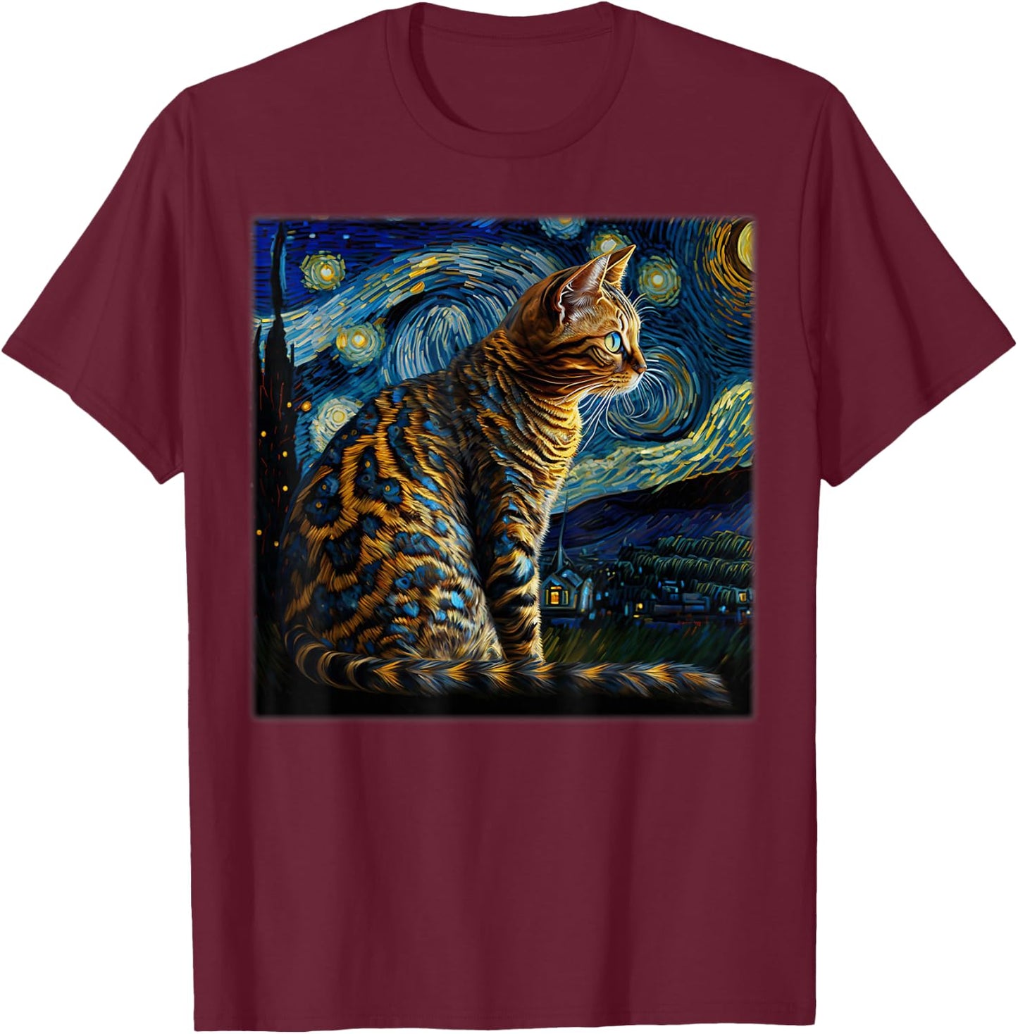 Surrealism Starry Night Bengal cat T-Shirt - T-Shirt | Maroon