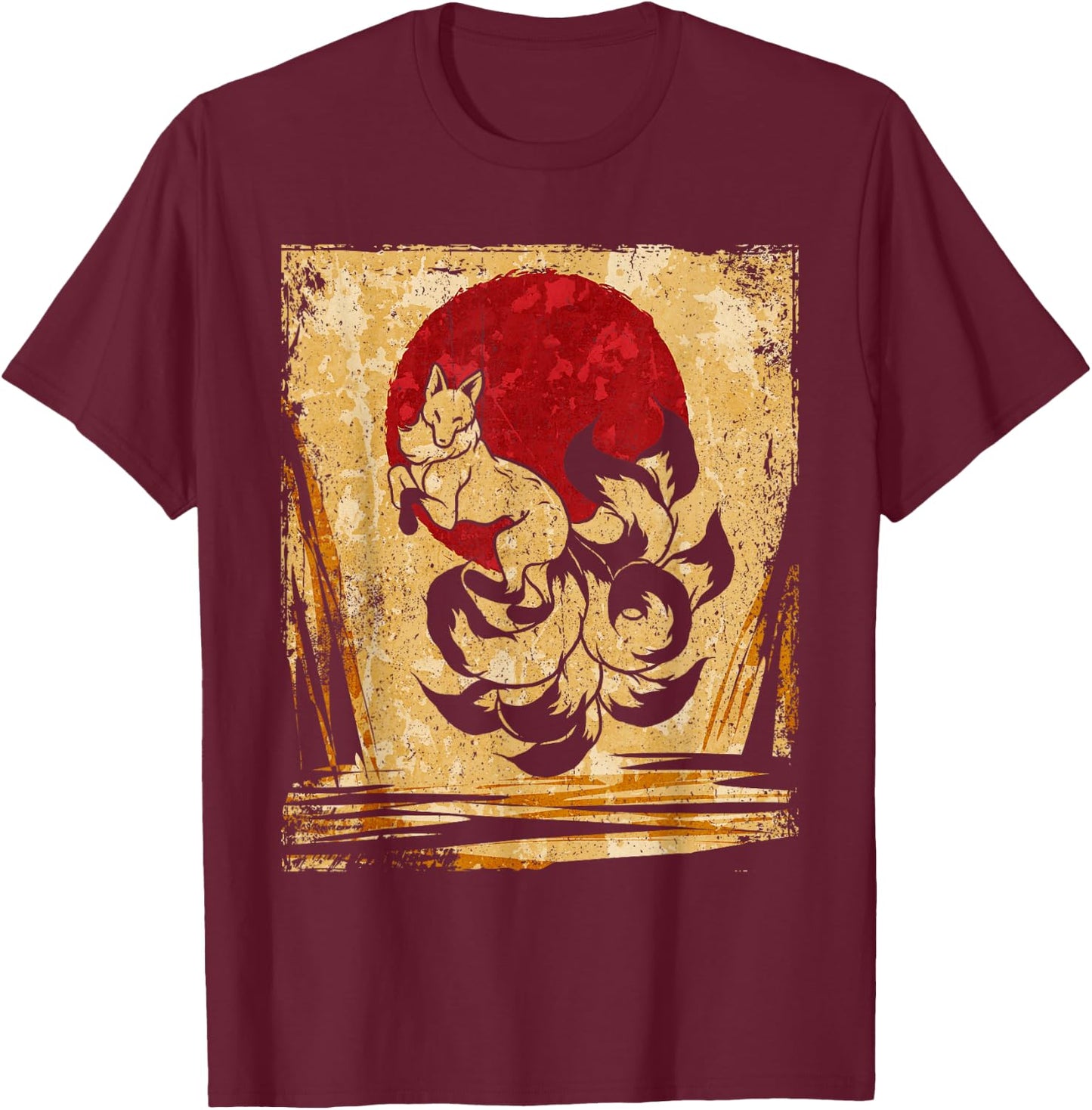 Nine-tailed fox Japanese retro art T-Shirt - T-Shirt | Maroon