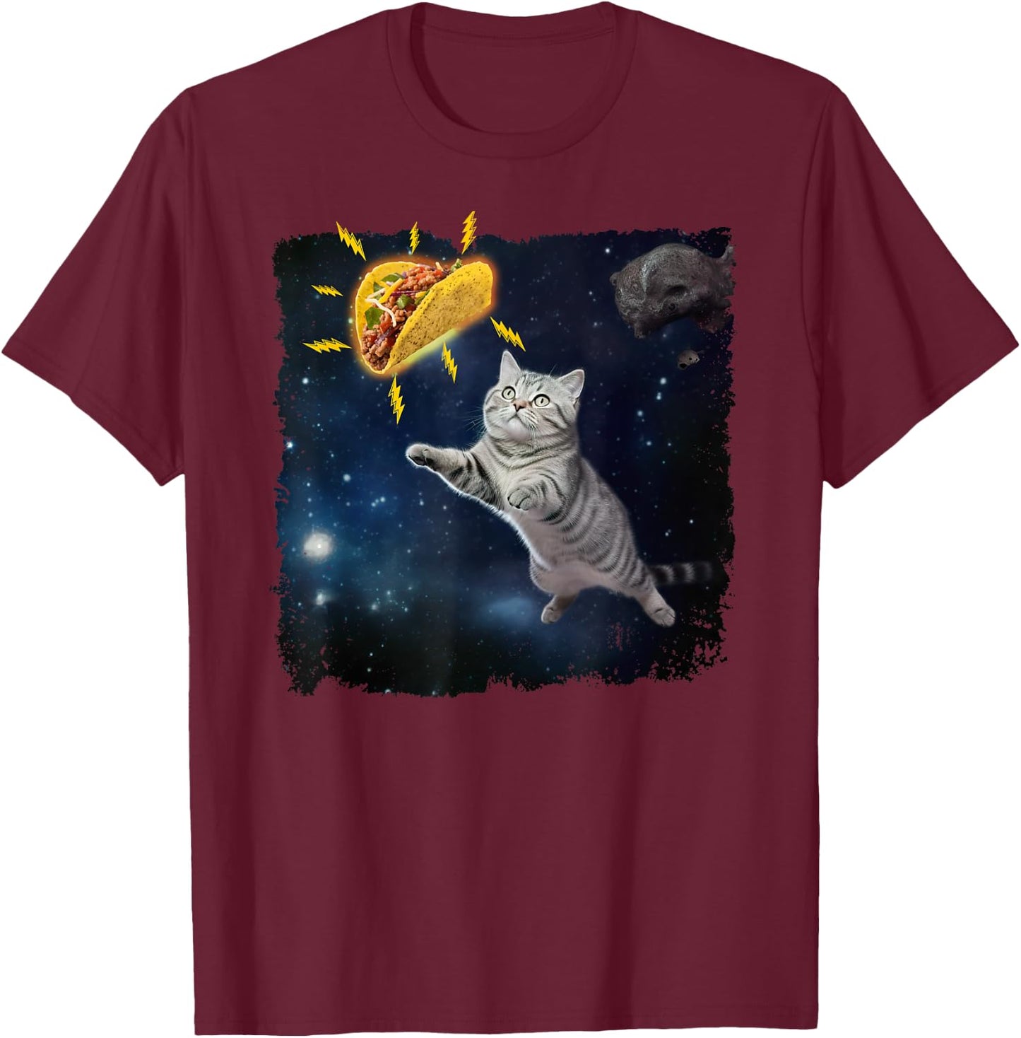 Funny Cat Astronaut and Taco in Space Mexican Food T-Shirt - T-Shirt | Maroon