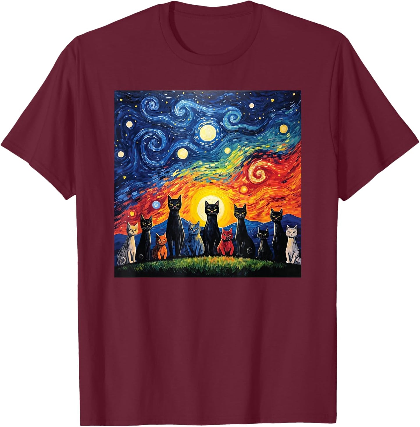 cats family Painting art Starry Night kitty kitten Van Gogh T-Shirt - T-Shirt | Maroon