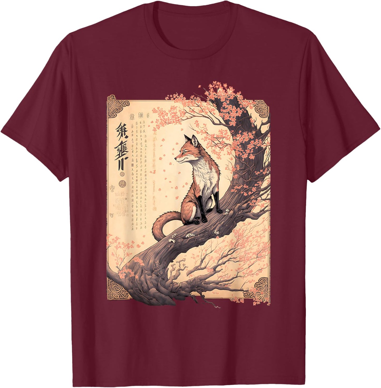Vintage Cherry Blossom Japanese Fox Scroll Graphical Art T-Shirt - T-Shirt | Maroon