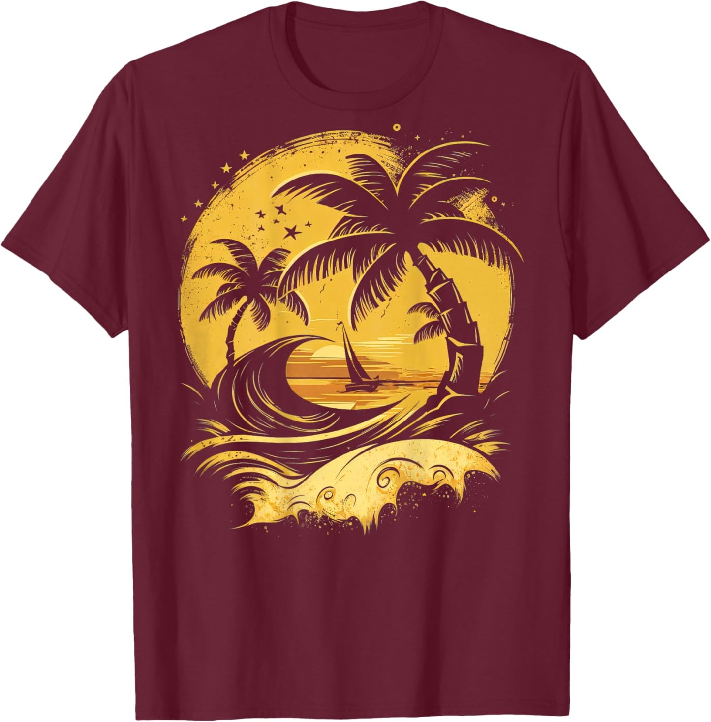 ON Back Tropical Palm Trees Sailboat Beach Island Sunset T-Shirt - T-Shirt | Maroon