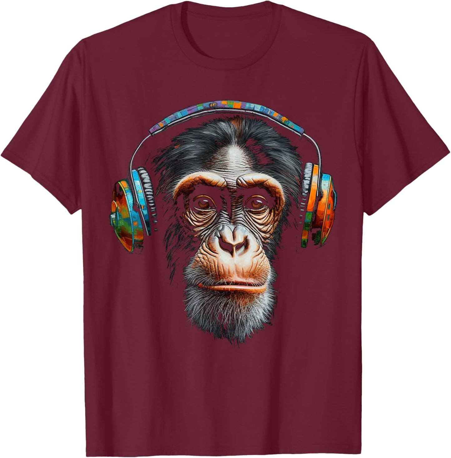 Monkey Headphones Animal Music Colourful Zoo Art Monkey T-Shirt - T-Shirt | Maroon