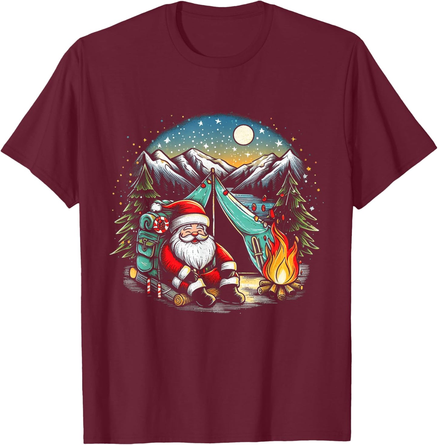 Santa Camping and Hiking Funny Matching Family Christmas T-Shirt - T-Shirt | Maroon