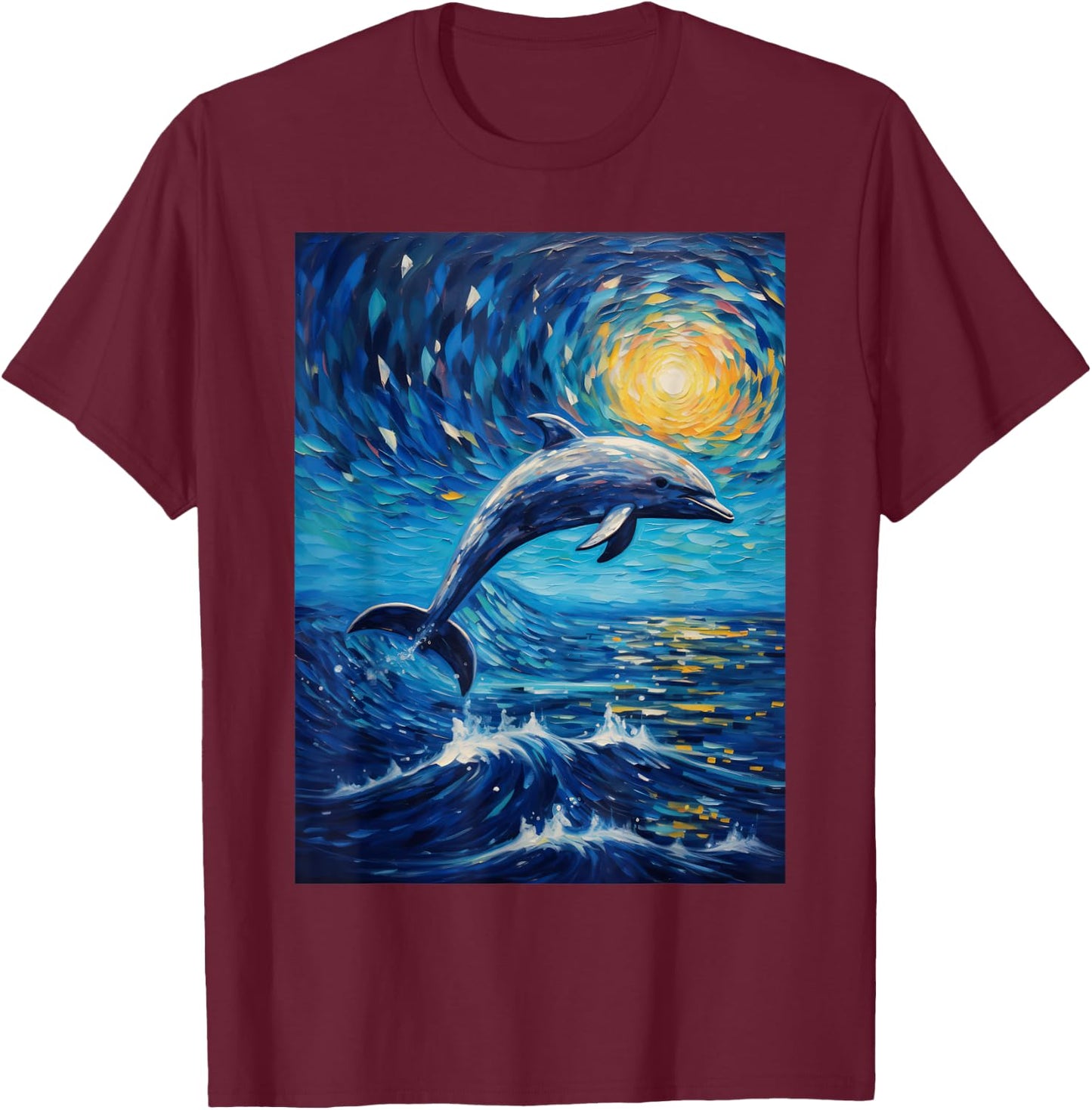 Dolphin Starry Night Van Gogh Style Graphic T-Shirt - T-Shirt | Maroon