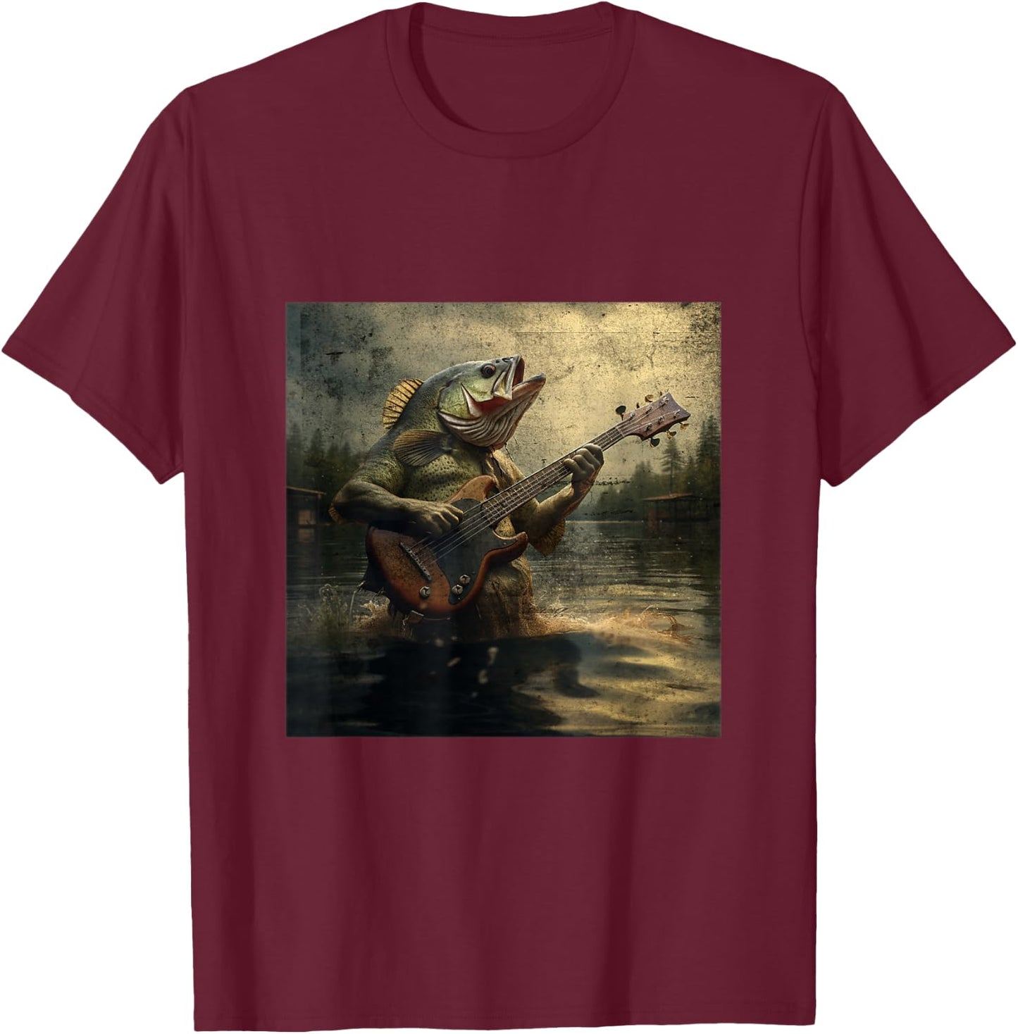 Weird Bass Fish Playing Bass Guitar Funny Cursed Meme T-Shirt - T-Shirt | Maroon