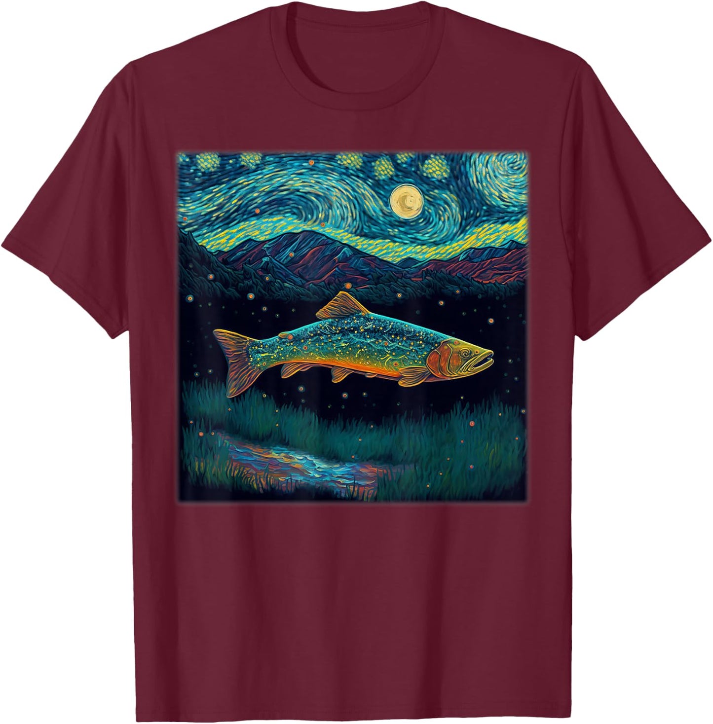 Surrealism Starry Night Brook Trout T-Shirt - T-Shirt | Maroon