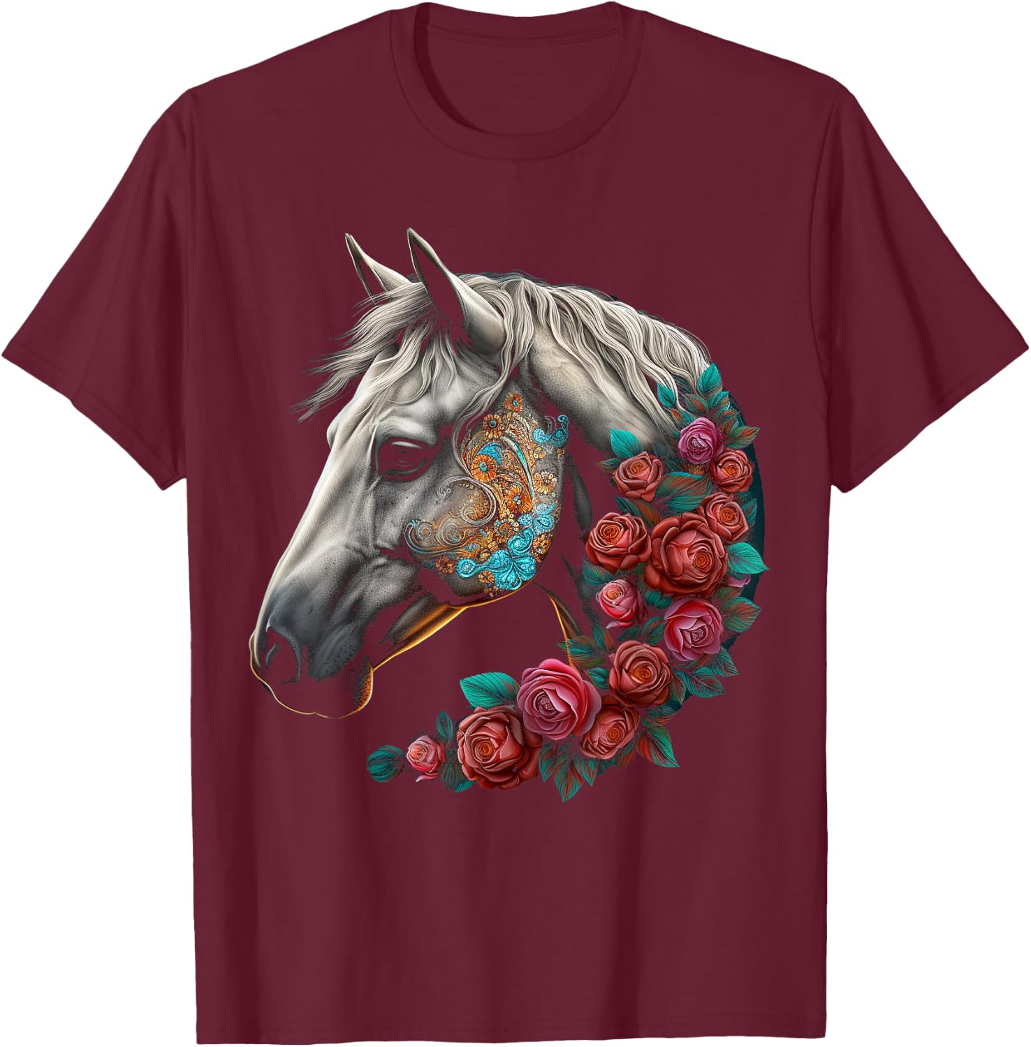 Horse Mandala Flower | Animal Motif Horse T-Shirt - T-Shirt | Maroon